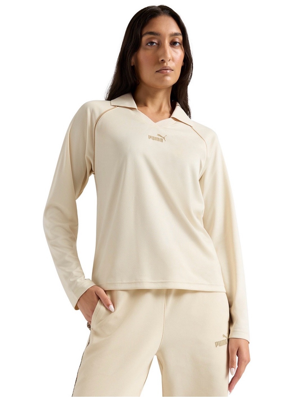 Puma Women's Cream Long Sleeve Polo Sweatshirt